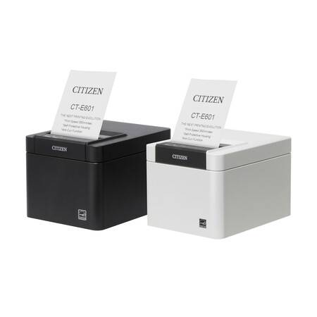 Zwei Citizen CT-E601 Bondrucker, einer in Schwarz und einer in Weiß, drucken jeweils eine Bonrolle.
