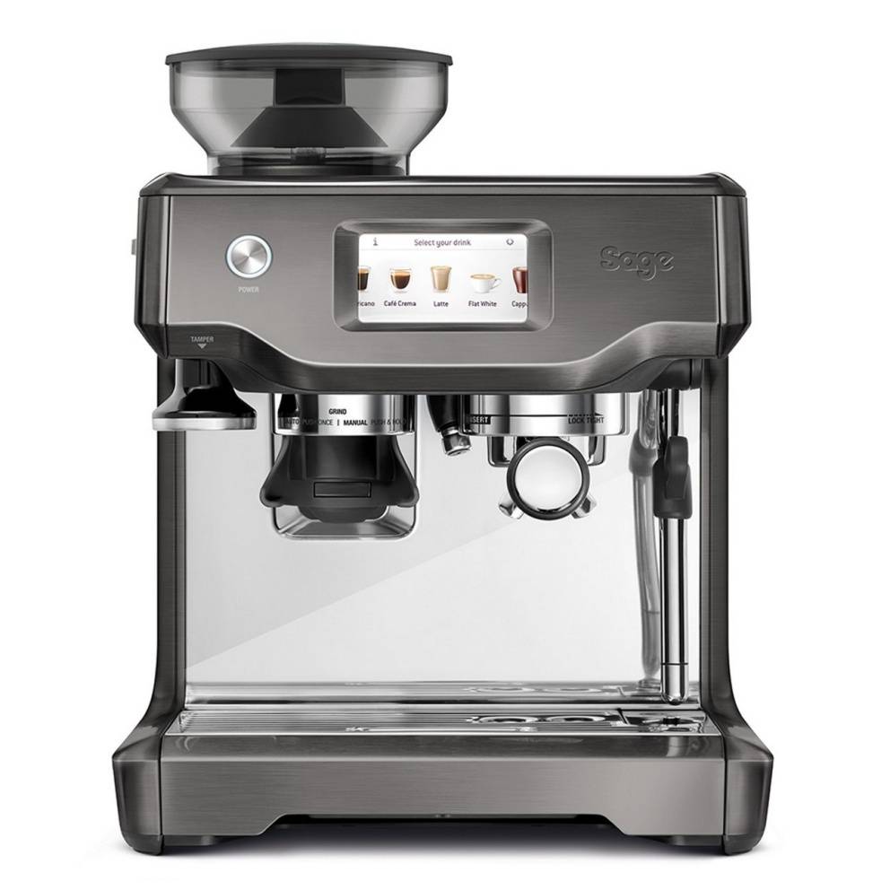 Espressomaschine aus Edelstahl mit integrierter Mühle, Touchscreen-Getränkemenü, Siebträger und Dampflanze auf weißem Hintergrund.