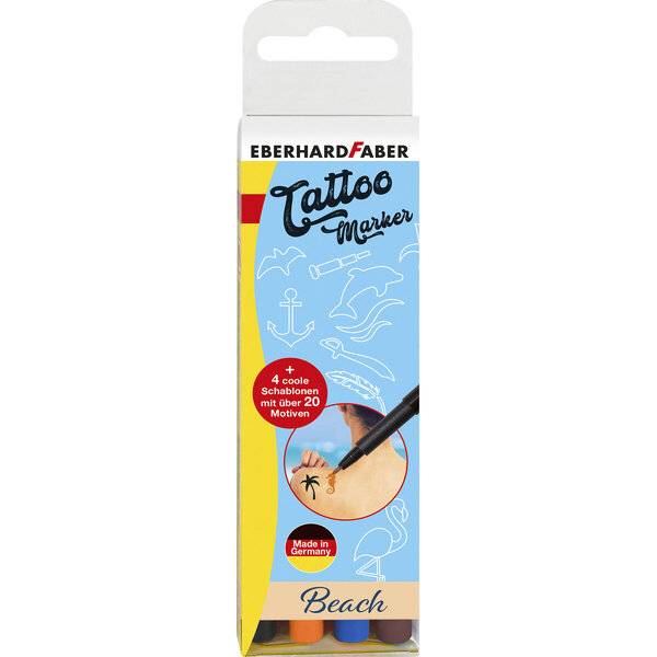 Eberhard Faber Tattoo Marker Beach Set, verpackt mit 4 coolen Schablonen und über 20 Motiven, hergestellt in Deutschland.