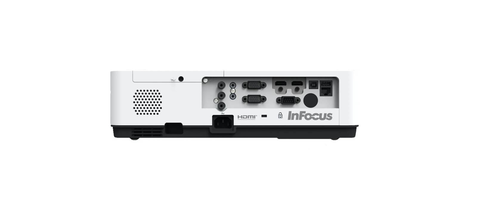 Rückansicht eines InFocus-Projektors mit Eingabeanschlüssen, einschließlich HDMI, VGA, Audio- und Stromversorgungsanschlüssen.