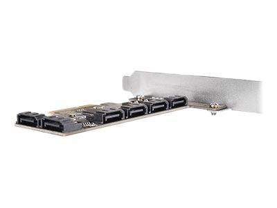 Eine PCIe-Erweiterungskarte mit mehreren schwarzen SATA-Anschlüssen und einer Metallhalterung, die zum Hinzufügen von Speicherlaufwerk-Verbindungen zu einem Computer verwendet wird.