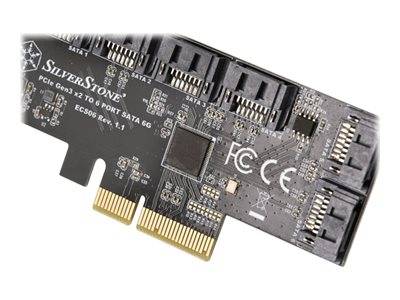 SilverStone PCIe Gen3 x2 6-Port-SATA-Controllerkarte mit sechs SATA-Anschlüssen und vergoldetem Kantenstecker auf weißem Hintergrund