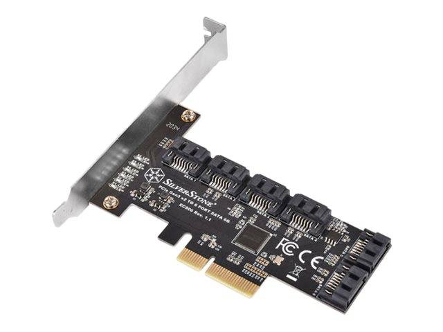 Interne PCIe-Erweiterungskarte mit vier SATA-Anschlüssen und einer Metallhalterung zur Montage im Computergehäuse.