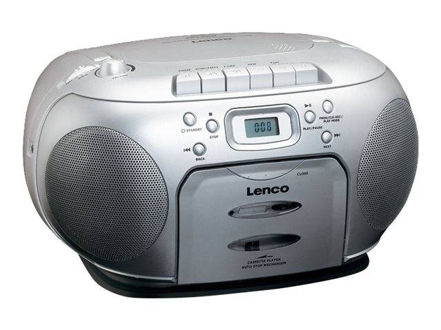 Silberner tragbarer Lenco Boombox mit integrierten Lautsprechern, Kassettengerät, CD-Slot, digitales Display und Steuertasten oben.
