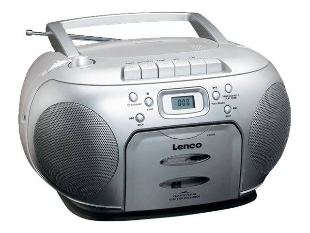 Tragbarer silberner Boombox-Radio mit CD-Player, Doppellautsprechern, Griff, Antenne und vorderen Steuertasten auf weißem Hintergrund