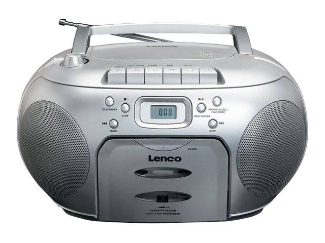 Silberner tragbarer Boombox mit Griff, Kassettenlaufwerk, CD-Player, FM/AM-Tuner-Tasten, digitales Display und zwei großen Lautsprechern.