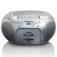 Silver Lenco tragbarer Boombox mit Doppellautsprechern, CD-Player, Kassettendeck und kleinem digitalen Display auf weißem Hintergrund.