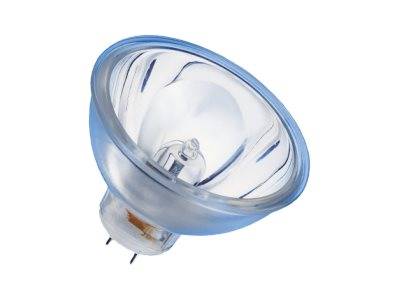 Eine einzelne Halogen-Spotlightlampe mit reflektierendem Metallgehäuse und zwei Stiften, gezeigt auf weißem Hintergrund.