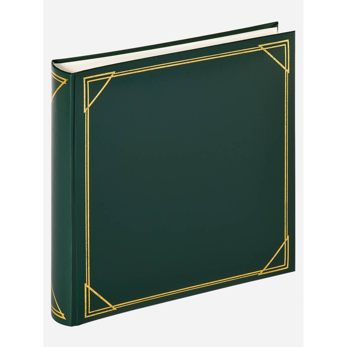 Grünes Hardcover-Buch oder Album mit goldenen geometrischen Randverzierungen auf einfachem weißem Hintergrund.