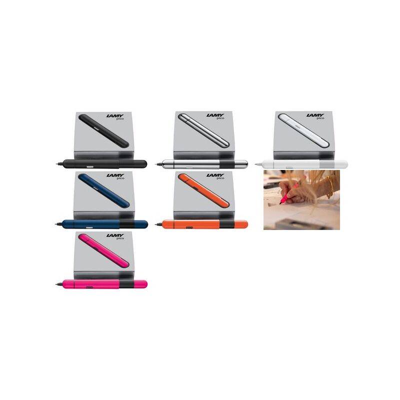 Sortierte LAMY-Stifte in Schwarz, Silber, Weiß, Blau, Orange und Rosa, dargestellt mit Verpackung; ein Ausschnittfoto zeigt eine Hand, die mit einem Stift schreibt.