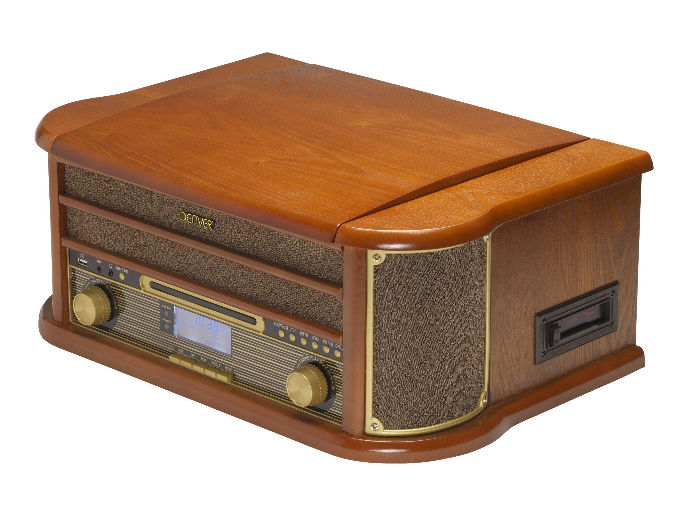Ein Plattenspieler im Vintage-Stil aus Holz mit einer Radio-Anzeige und Bedienknöpfen auf der Frontseite, mit einem Kassettenspieler an der Seite.