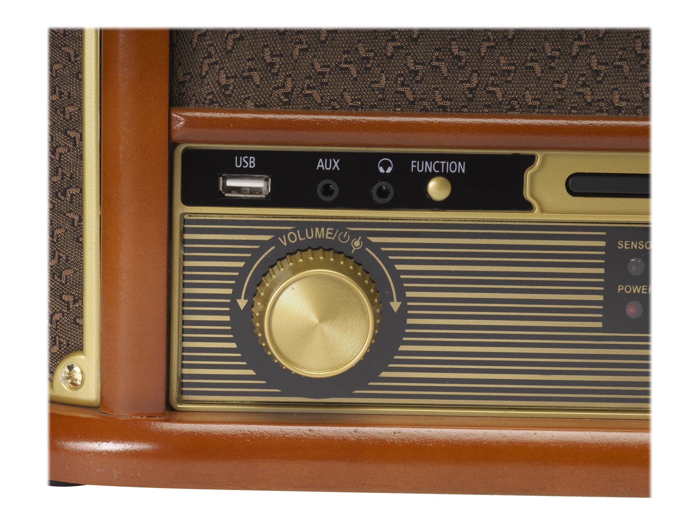 Nahaufnahme eines Vintage-Audiogeräts mit Bedienelementen und Anschlüssen, die mit 
