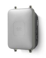 Cisco Outdoor-WLAN-Zugangspunkt in einem grauen wetterfesten Gehäuse mit vier Antennenanschlüssen und seitlichen Anschlüssen.