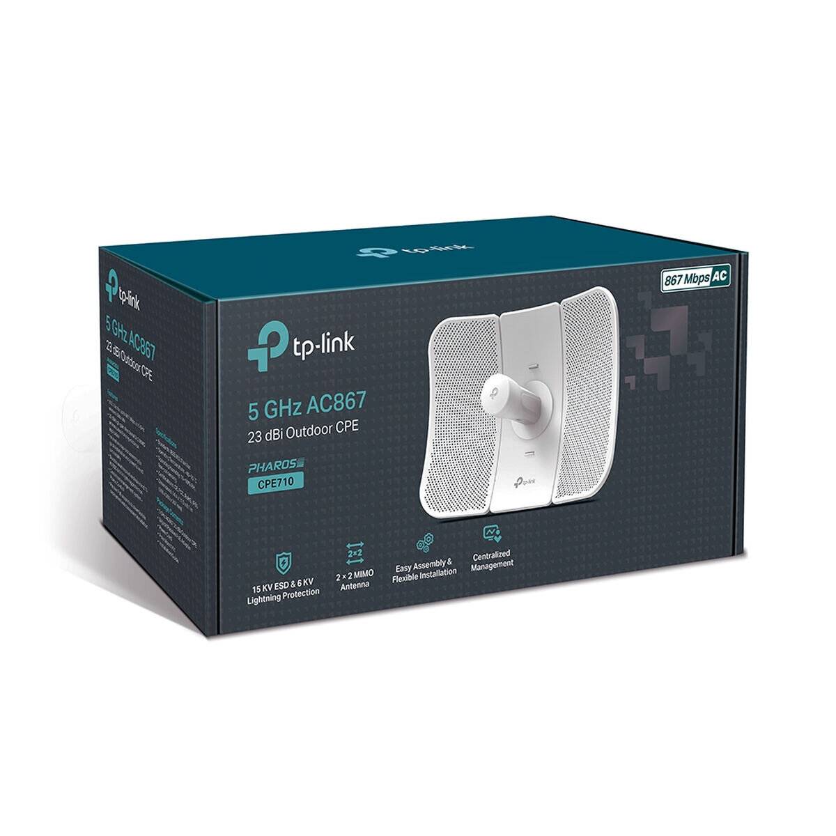 TP-Link 5-GHz-AC867-23-dBi-Outdoor-CPE-Produktverpackung mit drahtlosem Antennegerät und Funktionen wie 867-Mbps-AC und PoE-Setup.