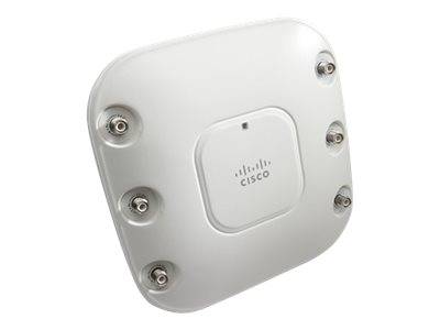 Weißer Cisco-WLAN-Zugangspunkt mit abgerundetem quadratischem Gehäuse und vier Montageschrauben auf neutralem Hintergrund.