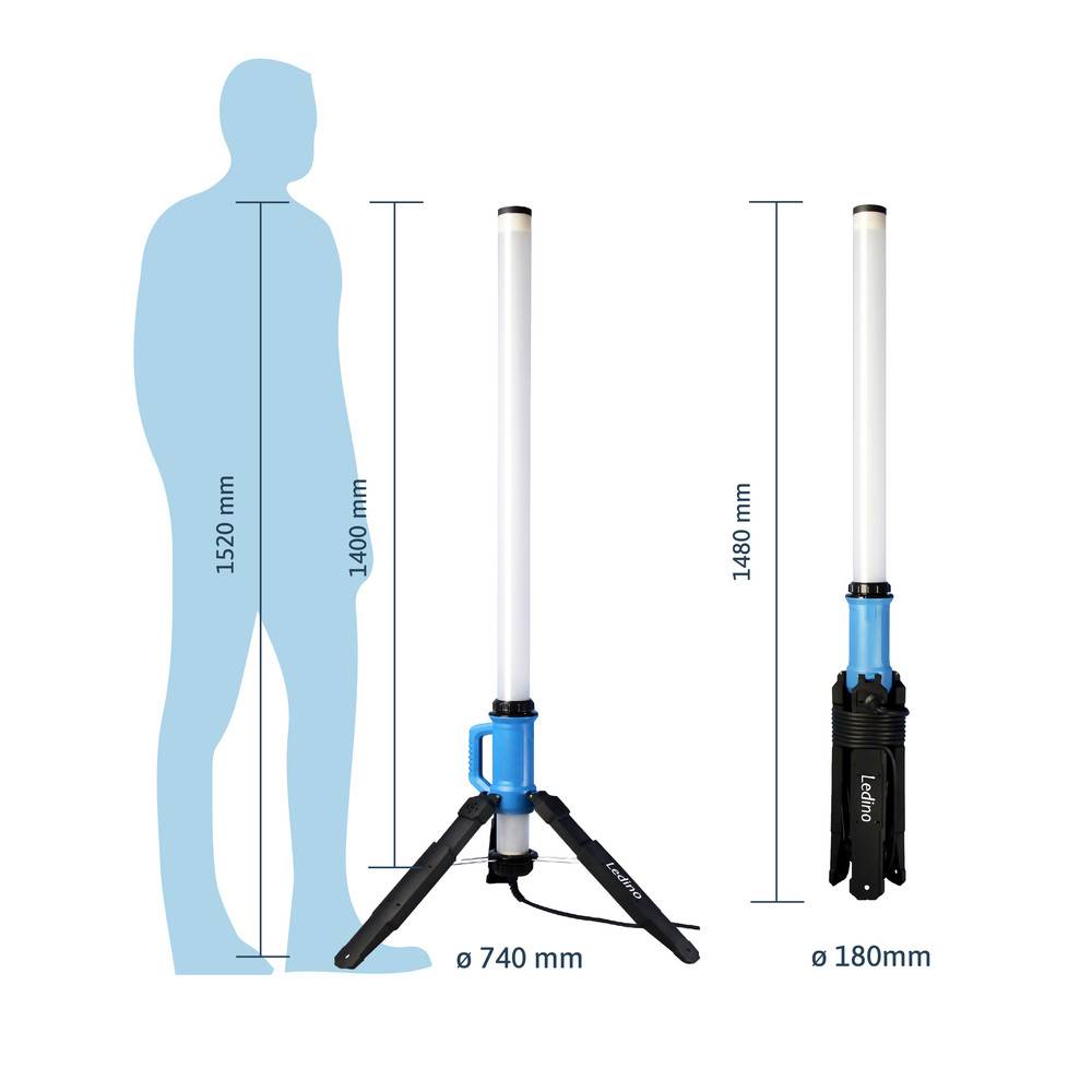 Zwei LED-Lichtständer neben einer menschlichen Silhouette zur Größenvergleich. Der linke Lichtständer ist höher und misst 1520 mm mit einer 740 mm Basis; der rechte Ständer ist 1480 mm hoch mit einer 180 mm Basis.