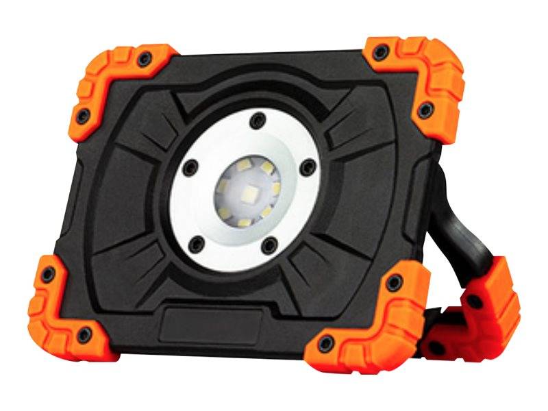 Tragbare LED-Arbeitsleuchte mit robustem schwarz-orangefarbenem Gehäuse und ausklappbarem Ständer