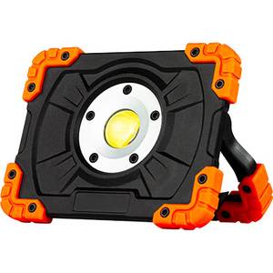 Tragbare schwarz-orangefarbene LED-Arbeitsleuchte mit einer zentralen gelben Lampe auf weißem Hintergrund, dargestellt mit einem gewinkelt positionierten Ständer.