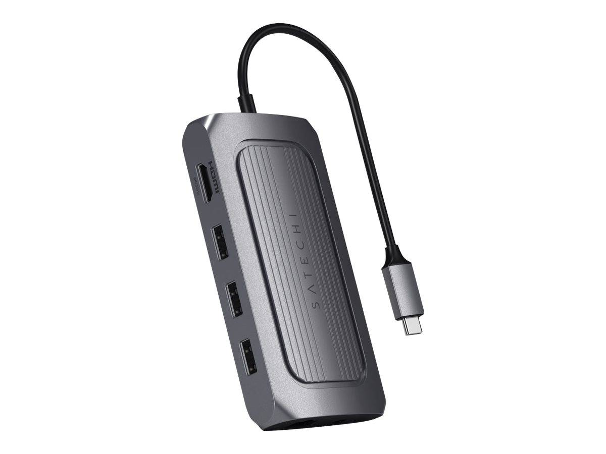USB-C-Hub mit mehreren USB-A-Anschlüssen und einem kurzen angebrachten Kabel, dargestellt auf weißem Hintergrund.