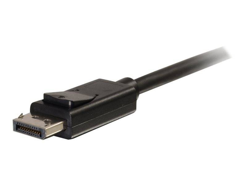 Nahaufnahme eines schwarzen DisplayPort-Kabelsteckers mit angeschlossenem Kabel auf weißem Hintergrund.