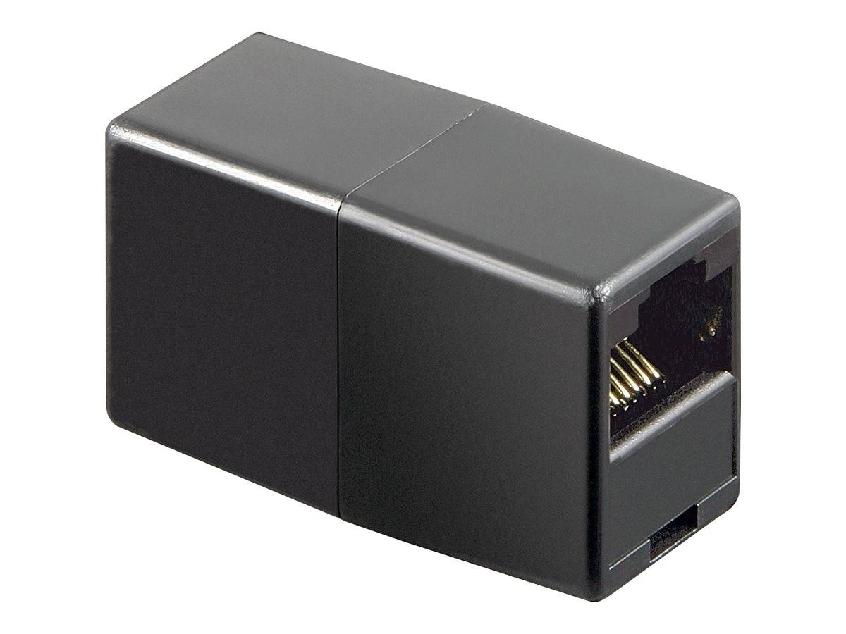 Ein schwarzer Ethernet-Kabelverbinder mit einem RJ45-Anschluss an einer Seite, der zum Verbinden von zwei Ethernet-Kabeln zur Erweiterung der Netzwerkreichweite verwendet wird.