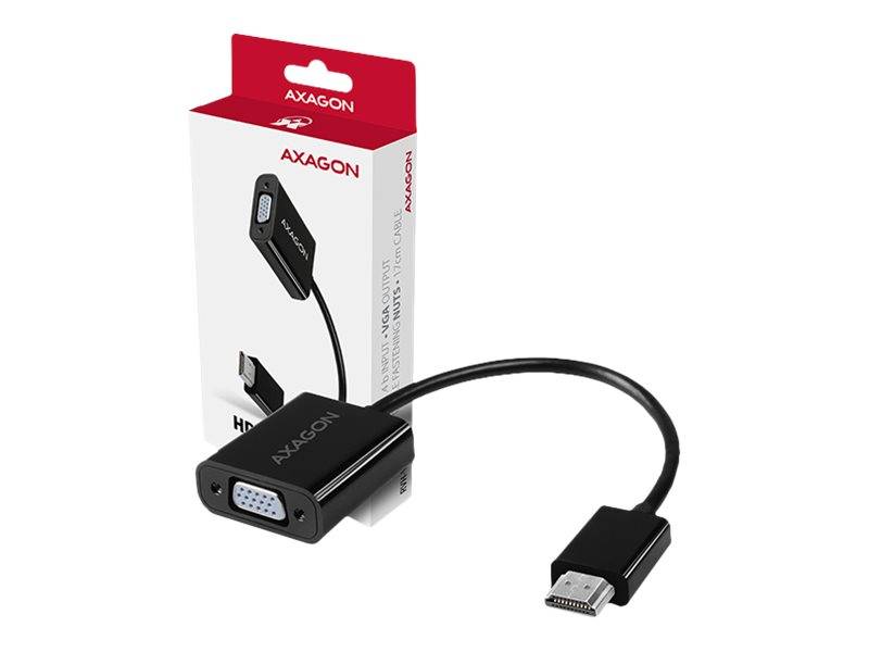 AXAGON HDMI-zu-VGA-Adapterkabel mit Audioausgang, abgebildet mit Produktverpackung.