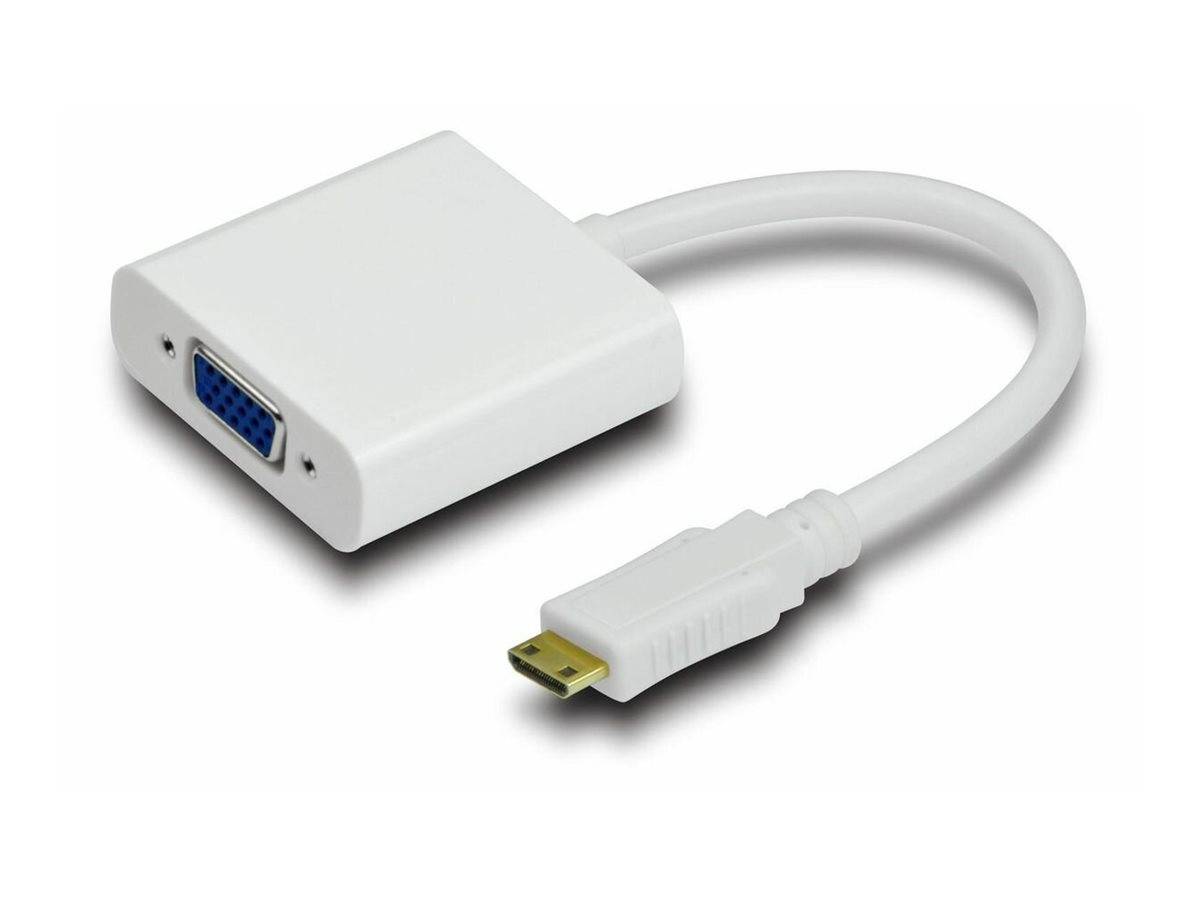Weißes Adapterkabel mit Mini-DisplayPort-Stecker an einem Ende und VGA-Buchse am anderen Ende zum Anschluss eines Geräts an einen VGA-Monitor.