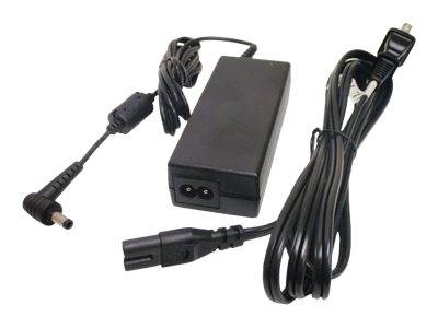 Schwarzer AC-Stromadapter mit abnehmbarem Stromkabel und Zylinderstecker-Anschluss auf weißem Hintergrund.
