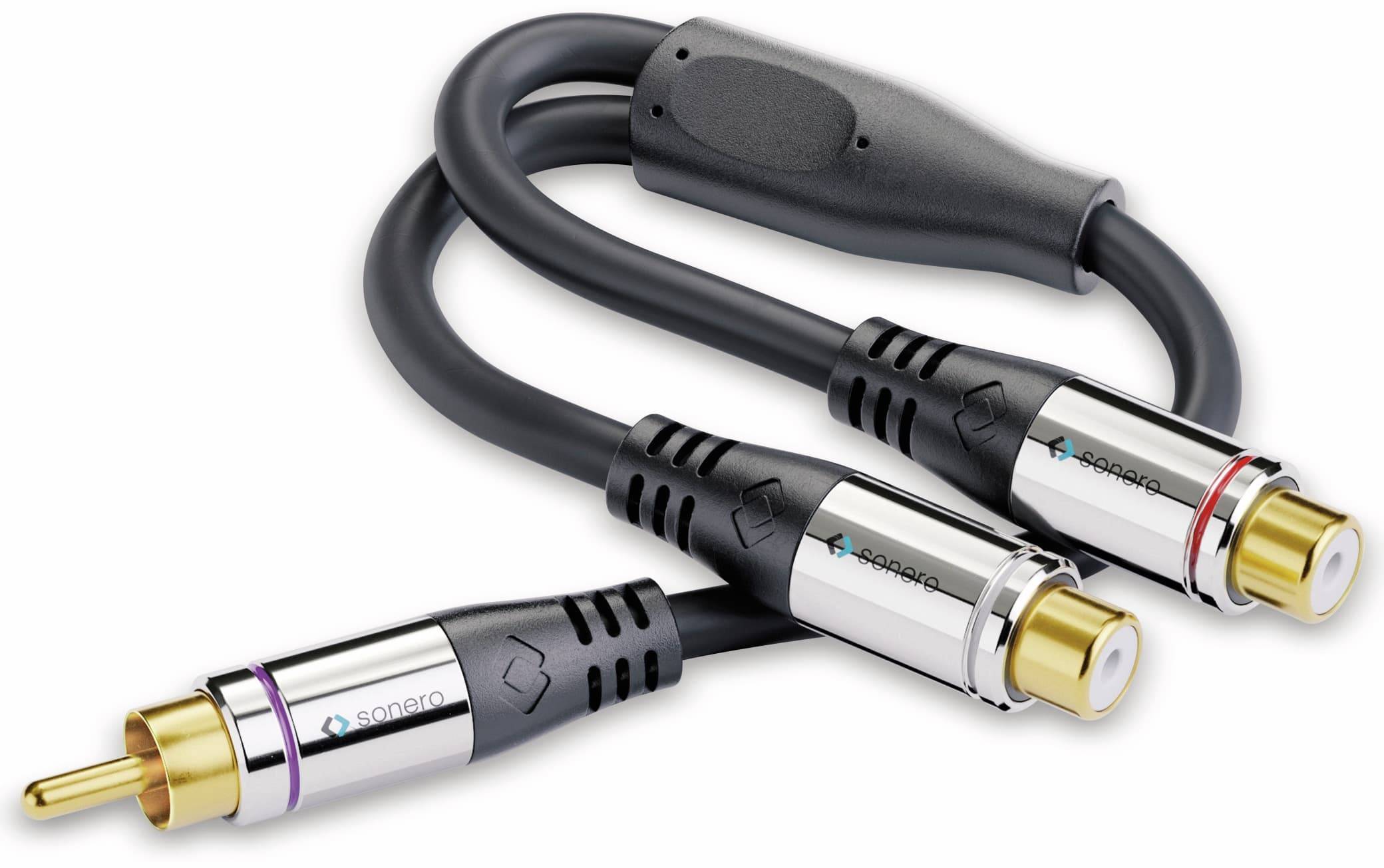 Ein Doppelkabel mit Steckverbindern, mit einer kleinen kastenförmigen Komponente mit der Bezeichnung „sonero