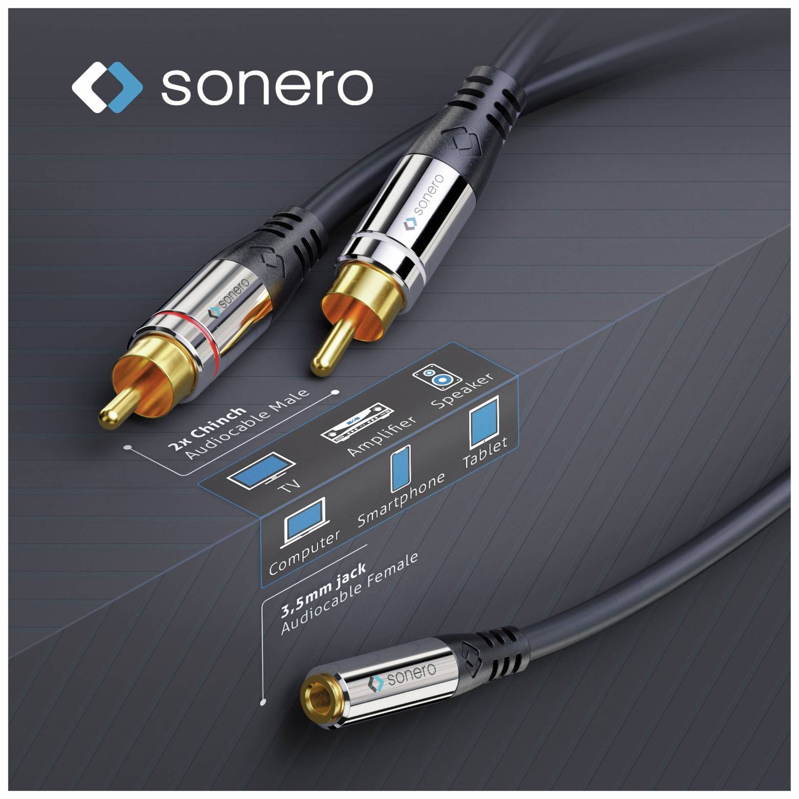 SONERO Audioadapter 0,20 m, 2x Cinchstecker auf Klinkenbuchse