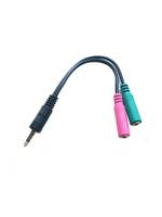 Audiokabel-Splitter mit einem 3,5-mm-Stecker und zwei farbcodierten Buchsen, rosa und grün.
