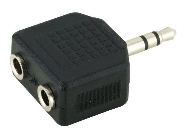 Ein schwarzer Audio-Splitter mit einem 3,5-mm-Klinkenstecker (male) und zwei Buchsen (female), verwendet, um Audio von einem Gerät auf zwei Kopfhörer zu verteilen.