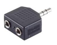 Schwarzer Audioadapter mit zwei weiblichen Kopfhörerbuchsen und einem Stecker, verwendet zum Aufteilen oder Verbinden von Stereo-Kopfhörern.