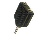 Ein schwarzer Audio-Splitter mit einem 3,5-mm-Stecker und zwei 3,5-mm-Buchsen, verwendet um zwei Kopfhörer mit einer Audioquelle zu verbinden.