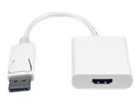 Ein weißer HDMI-zu-DisplayPort-Adapter mit kurzem Kabel. Der DisplayPort-Anschluss befindet sich auf der linken Seite, und der HDMI-Anschluss befindet sich auf der rechten Seite.