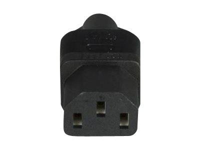 IEC-C13-Stromstecker, schwarz, mit drei rechteckigen Steckplätzen für Stifte, typischerweise für Computer und elektronische Geräte verwendet.