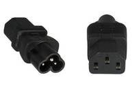 Ein C5-Stromstecker und seine Buchse, die häufig bei Laptop-Netzteilen verwendet werden, mit abgerundeten Kanten und drei Löchern.