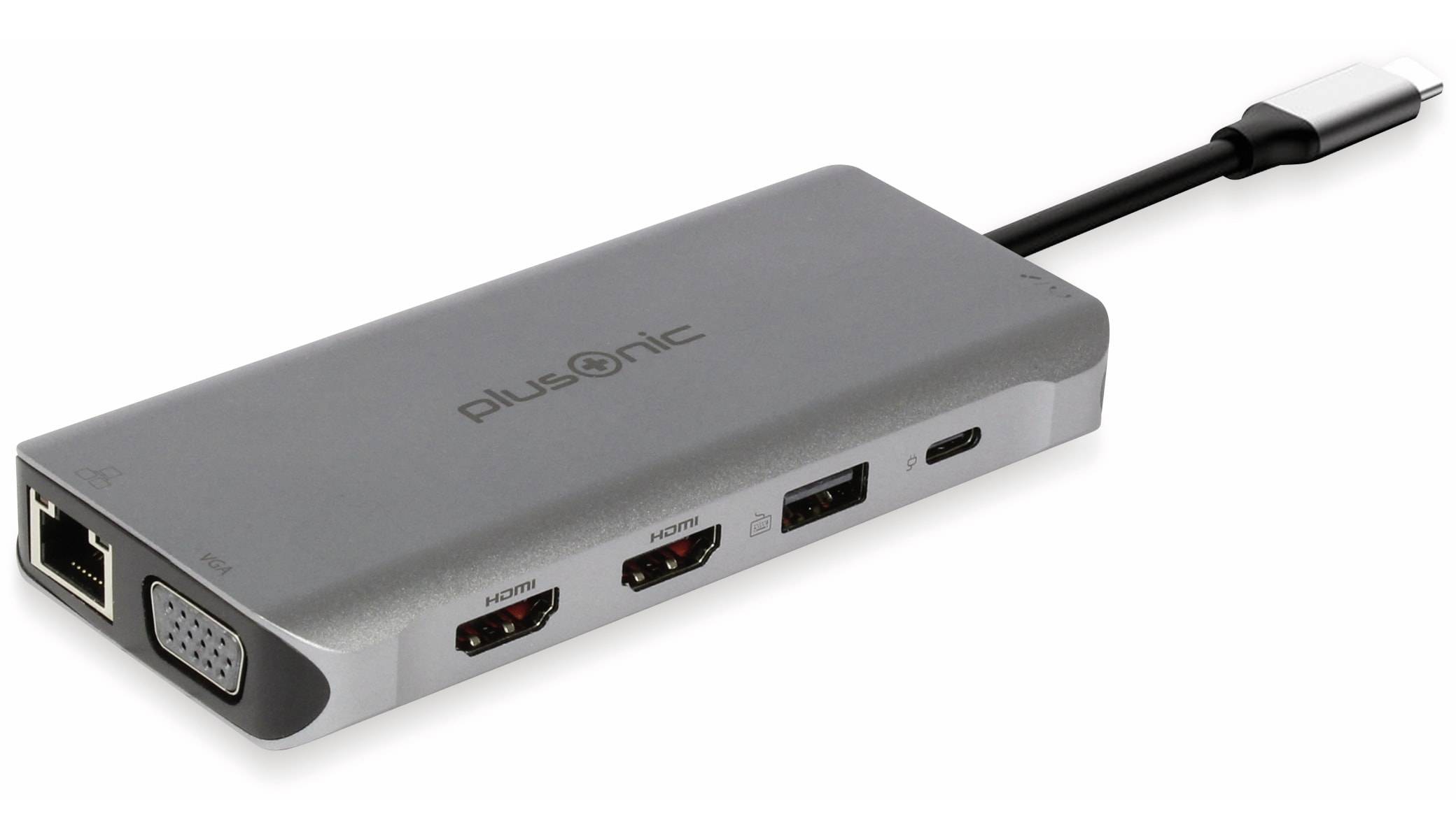 Ein grauer USB-C-Hub mit Ethernet-, VGA-, HDMI-, USB-A- und USB-C-Anschlüssen, dargestellt mit angeschlossenem Kabel.