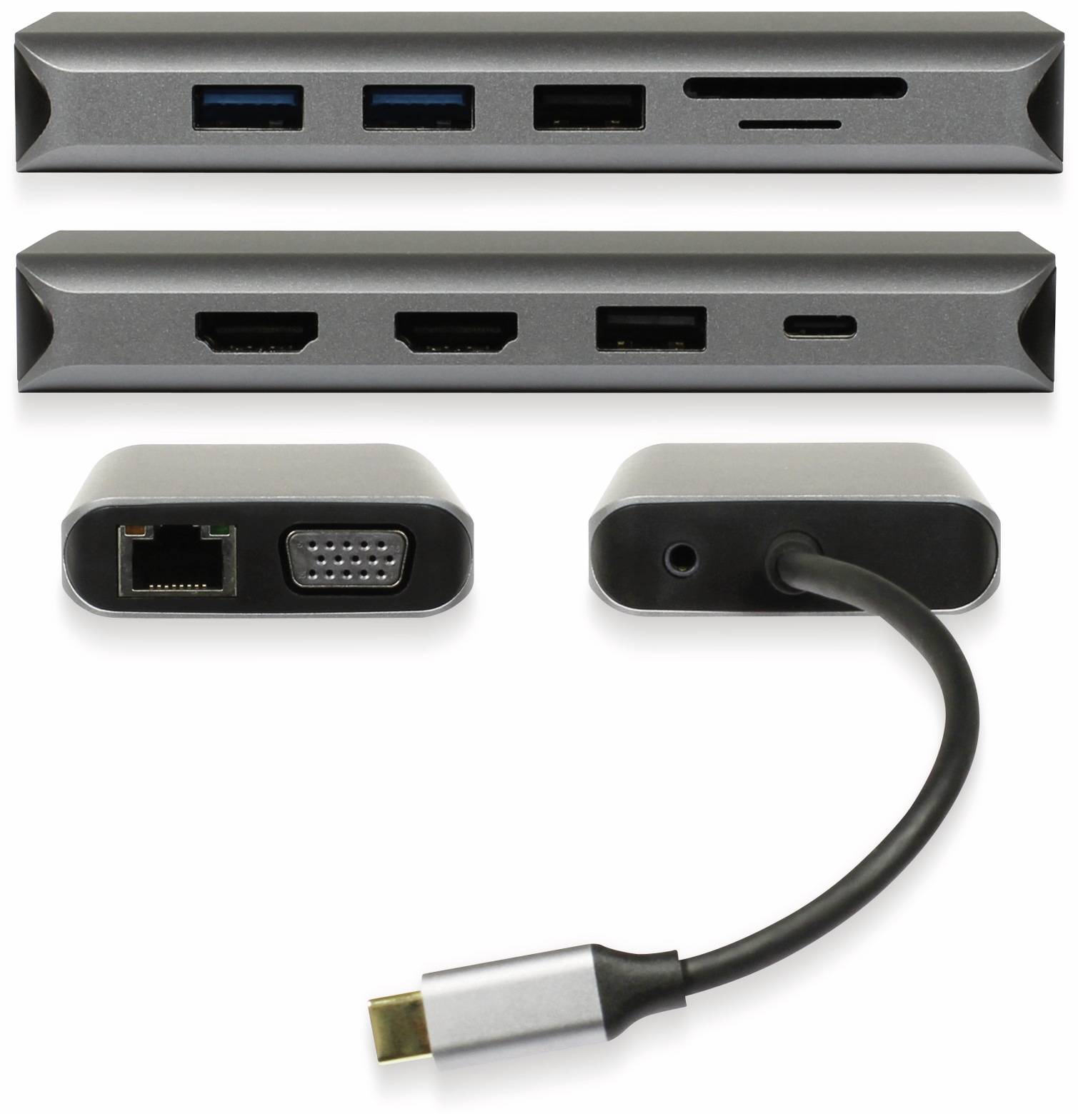 Multifunktionaler USB-C-Adapter/Docking-Station mit USB-A, HDMI, SD-Kartensteckplatz, Ethernet, VGA, Audio und USB-C-Kabelverbindung