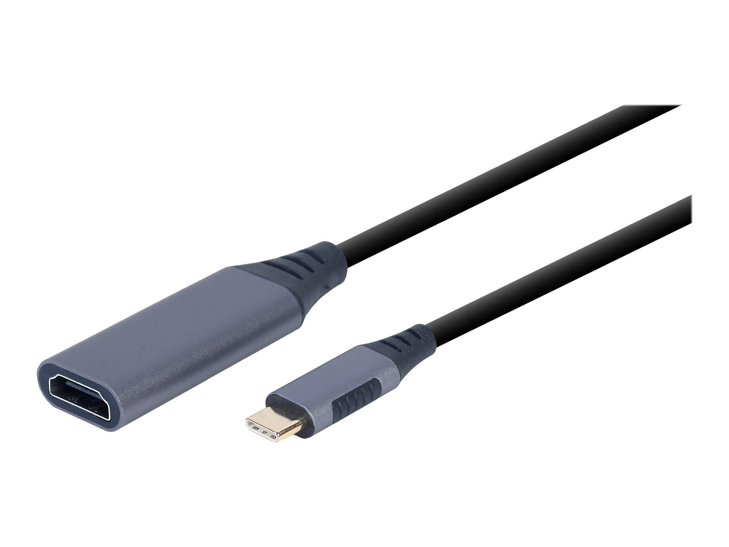 USB-C-zu-HDMI-Adapterkabel mit USB-C-Stecker und HDMI-Buchse auf einem schwarzen Kabel.