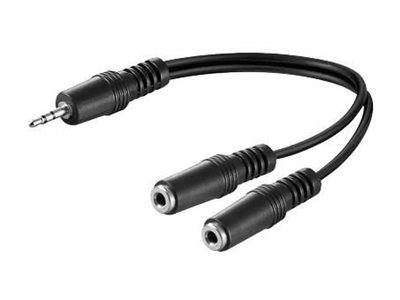 3,5-mm-Audio-Splitterkabel mit einem Steckerstecker und zwei Buchsen auf weißem Hintergrund