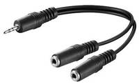 Ein schwarzes Audio-Splitter-Kabel mit einem einzelnen männlichen 3,5-mm-Anschluss an einem Ende und zwei weiblichen 3,5-mm-Anschlüssen am anderen Ende.