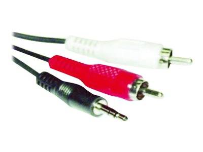 Drei Audiokabel mit RCA-Steckern und einem 3,5-mm-Stereostecker, gezeigt auf weißem Hintergrund.