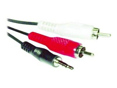 Ein weißes RCA-, ein rotes RCA- und ein schwarzes 3,5-mm-Audioklinken-Kabel auf weißem Hintergrund.