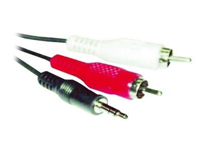 Drei Audiokabel mit unterschiedlichen Steckern: weiße und rote RCA-Stecker und eine schwarze 3,5-mm-Kopfhörerbuchse.