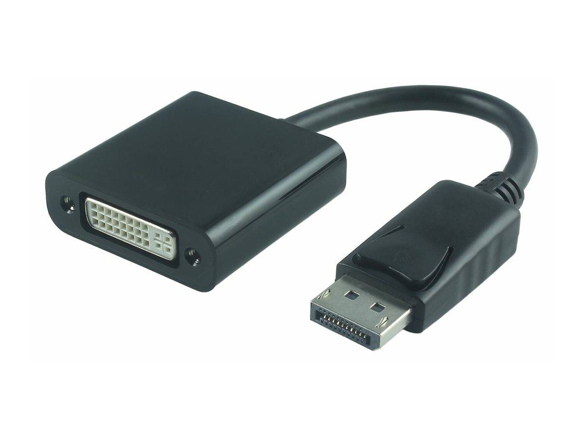 DisplayPort-zu-DVI-Adapterkabel mit DisplayPort-Stecker und DVI-Buchse auf schwarzen Gehäusen.