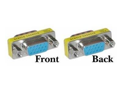 Vorder- und Rückansicht eines VGA-Serienumschalter-Adapters mit einem blauen 15-poligen Anschluss und Metallenden nebeneinander.