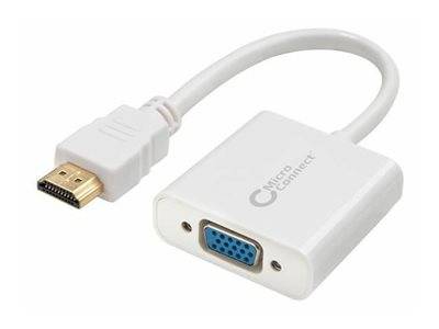 Weißes HDMI-auf-VGA-Adapterkabel mit HDMI-Stecker und VGA-Buchse zum Anschluss eines modernen Geräts an einen Monitor oder Projektor.