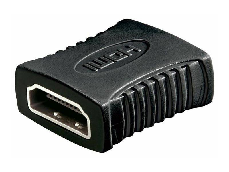 Schwarzer HDMI-Stecker-auf-Buchse-Adapter mit einer einzelnen HDMI-Anschlussöffnung und gerippten Griffseiten.