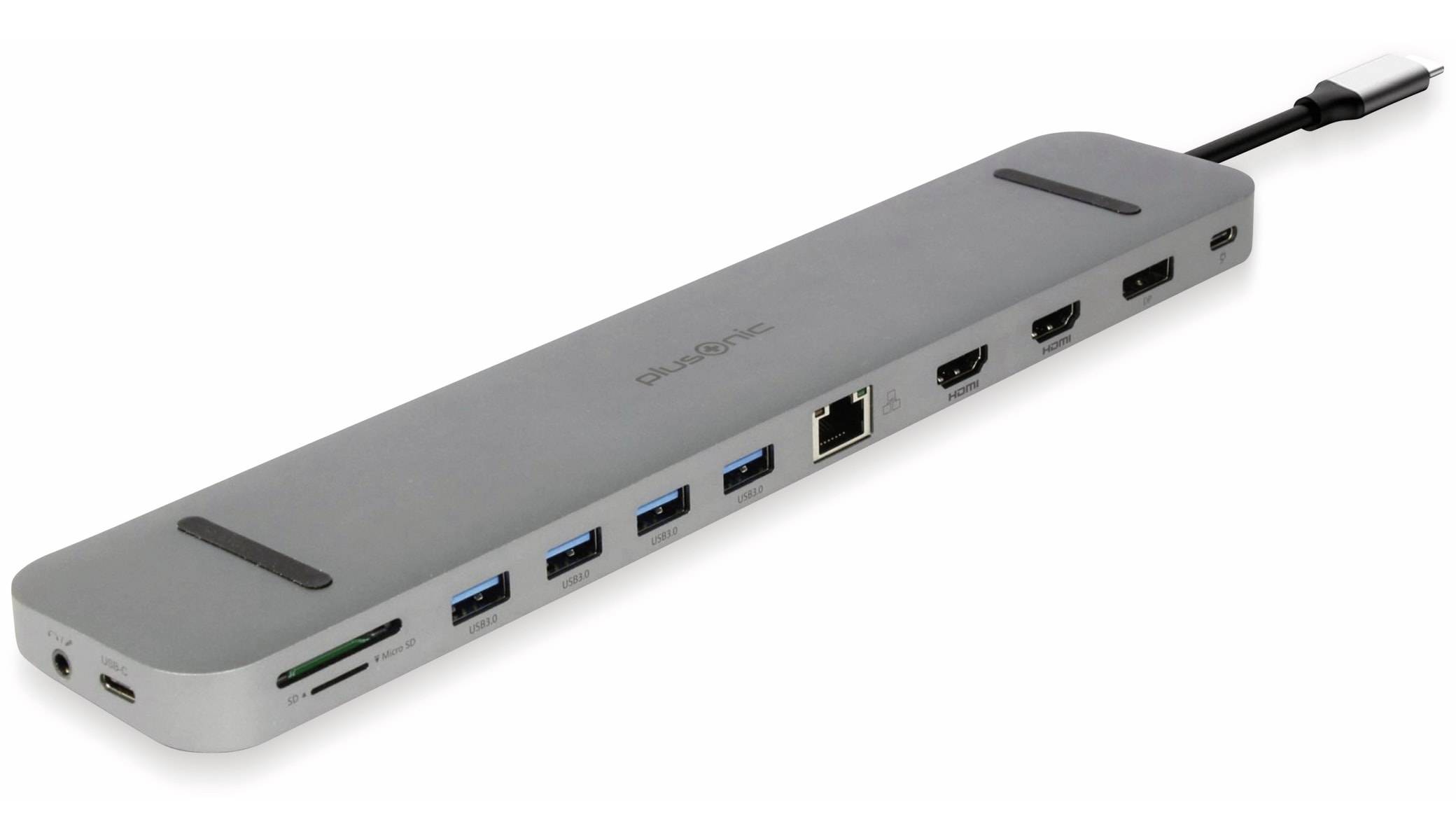 Silberner USB-C-Dockingstation mit mehreren USB-Anschlüssen, Ethernet, HDMI und SD-Kartensteckplätzen, verbunden durch ein USB-C-Kabel